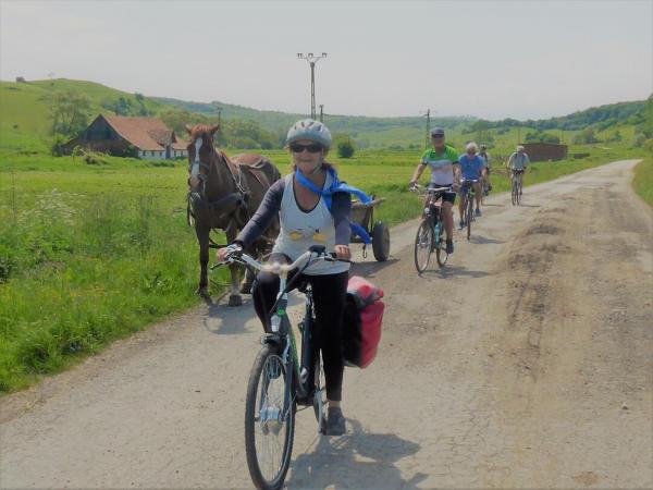 Radfahrer am Weg neben einem Pferdewagen