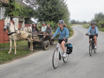 Radfahrer neben Pferdewagen