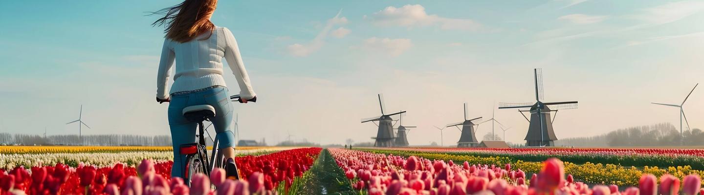 Radfahrer im Tulpenfeld bei den Windmhlen von Kinderdijk